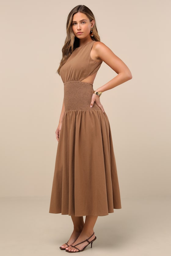 Melina Light Brown Backless Drop Waist Midi Dress