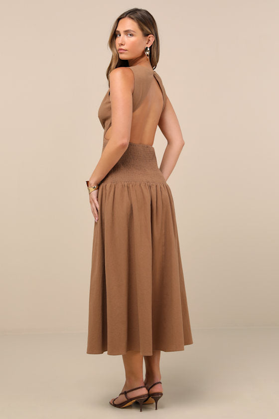 Melina Light Brown Backless Drop Waist Midi Dress