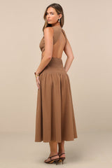 Melina Light Brown Backless Drop Waist Midi Dress