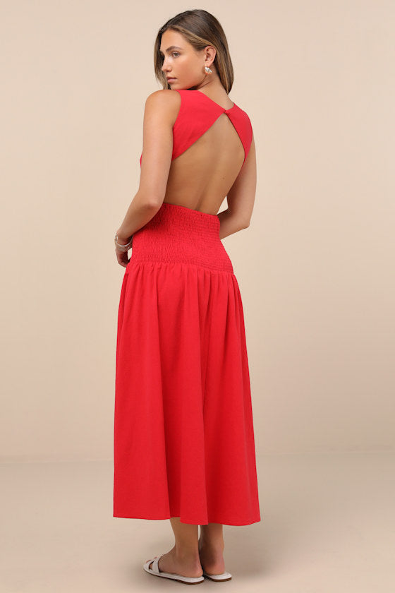 Melina Red Backless Drop Waist Midi Dress