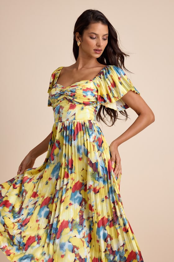 Authentically Yours Yellow Multi Abstract Print Satin Midi Dress