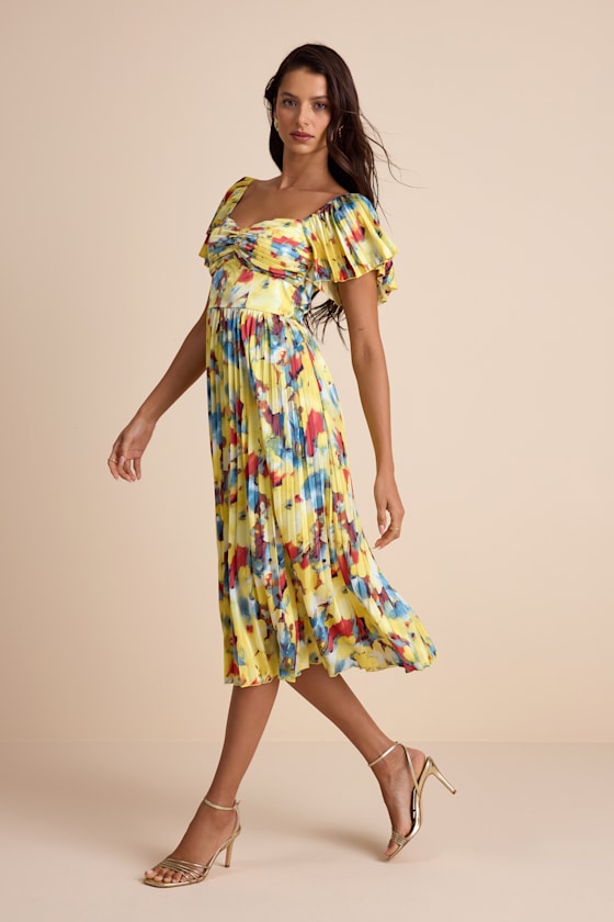 Authentically Yours Yellow Multi Abstract Print Satin Midi Dress