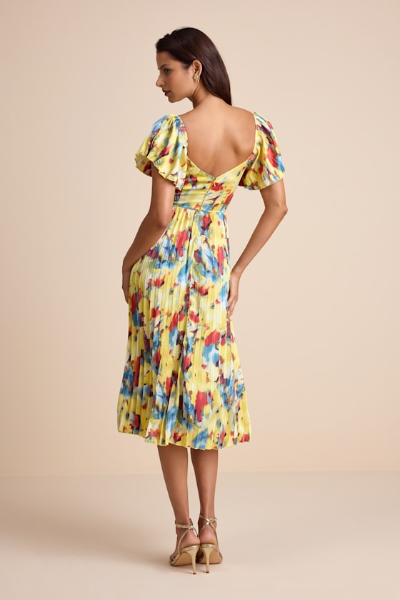 Authentically Yours Yellow Multi Abstract Print Satin Midi Dress