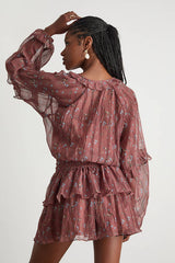 Christy Rust Floral Button-Front Long Sleeve Mini Dress
