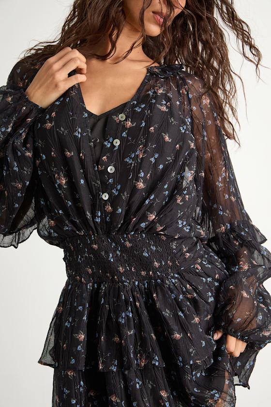 Christy Black Floral Button-Front Long Sleeve Mini Dress