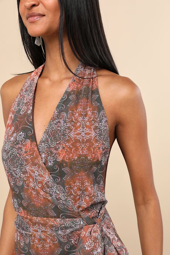 Felicita Brown Boho Print Halter Wrap Mini Dress