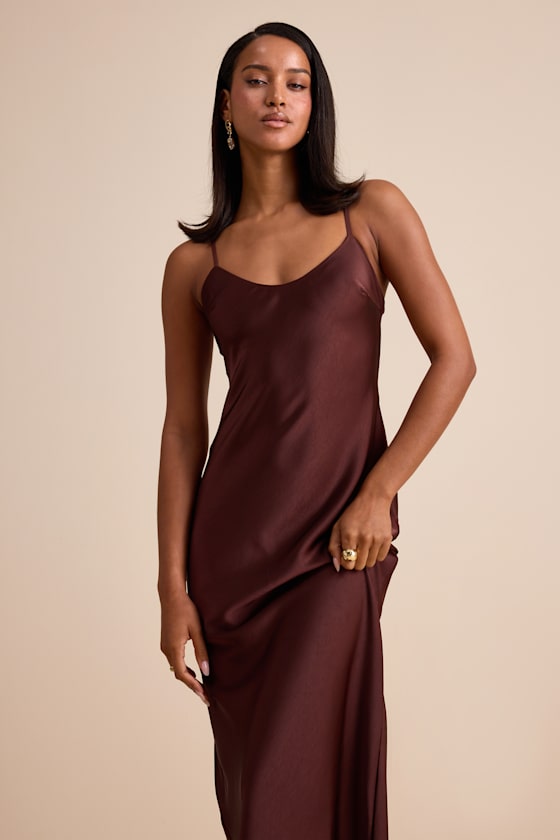 Janet Brown Satin Slip Maxi Dress