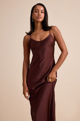 Janet Brown Satin Slip Maxi Dress