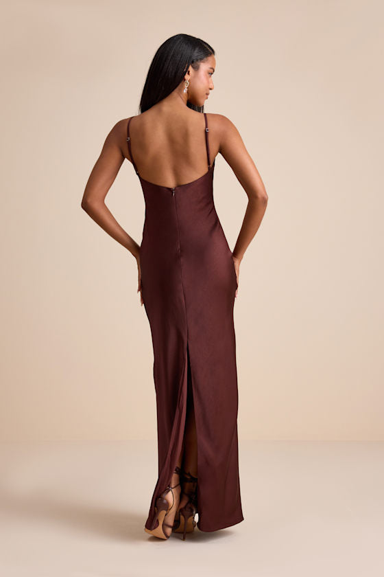 Janet Brown Satin Slip Maxi Dress