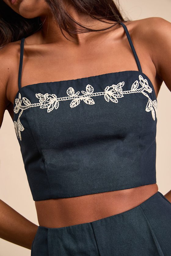 Sarella Navy Cotton Embroidered Cami Top