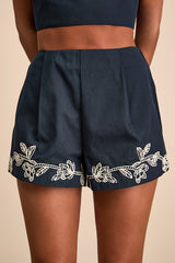Sarella Navy Cotton High-Rise Embroidered Shorts