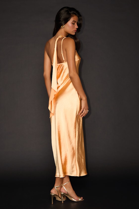 Naima Light Orange Satin One-Shoulder Midi Dress