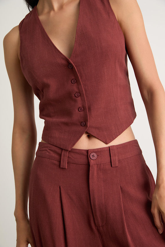 Suits You Perfectly Rust Brown Linen Vest
