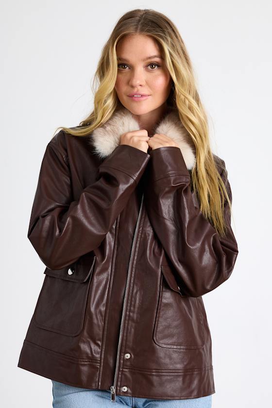 Soha Mahogany Brown Vegan Leather Faux Fur Jacket
