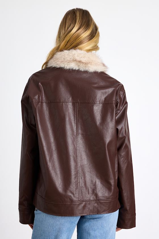 Soha Mahogany Brown Vegan Leather Faux Fur Jacket