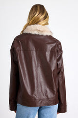 Soha Mahogany Brown Vegan Leather Faux Fur Jacket