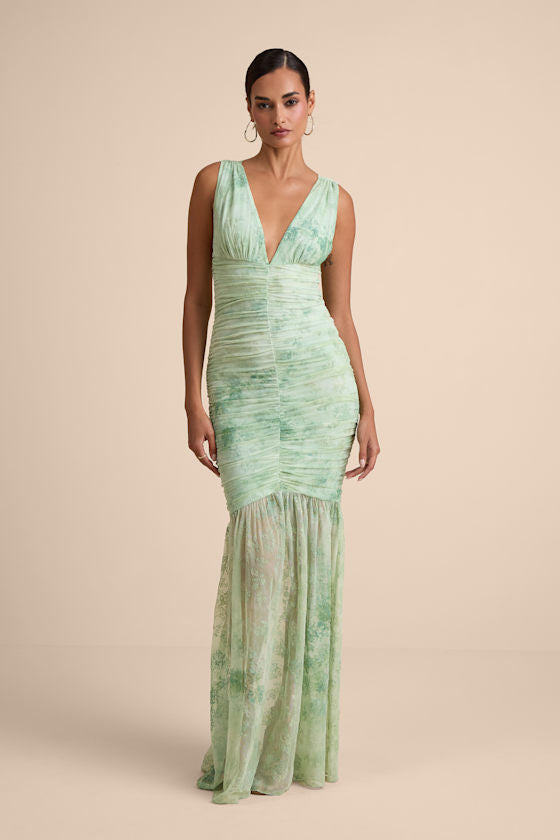 Jamie Mint Green Floral Mesh Sheer Hem Maxi Dress