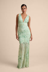 Jamie Mint Green Floral Mesh Sheer Hem Maxi Dress