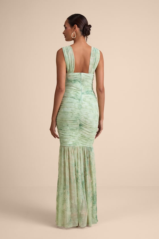 Jamie Mint Green Floral Mesh Sheer Hem Maxi Dress