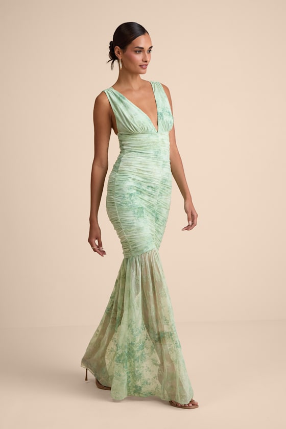 Jamie Mint Green Floral Mesh Sheer Hem Maxi Dress