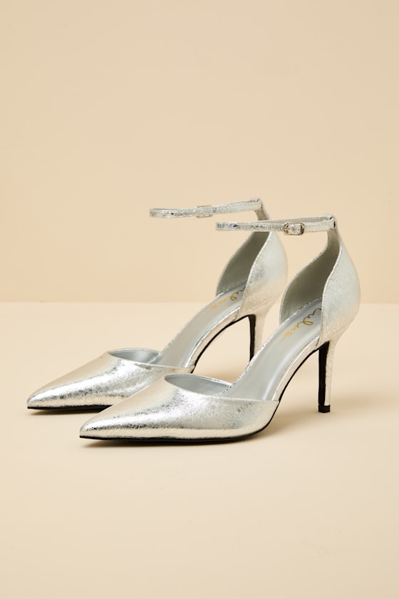 Acrux Silver Distressed Pointed-Toe Ankle Strap Pumps