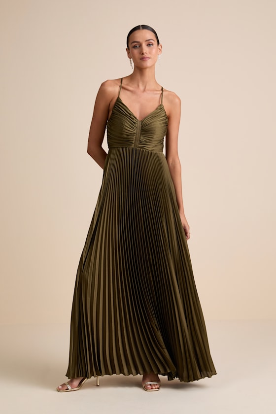 Dreaming in Color Olive Green V-Neck Pleated Satin Maxi Dress