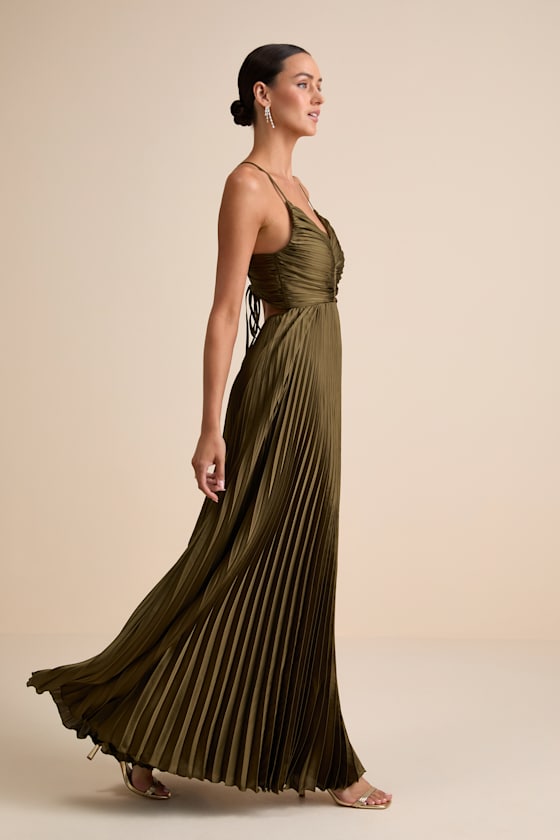 Dreaming in Color Olive Green V-Neck Pleated Satin Maxi Dress