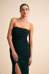 Epitome of Allure Emerald Green Strapless Ruched Tulip Maxi Dres