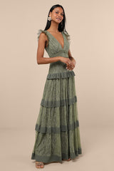 Marvelous Darling Olive Lace Ruffled Tiered Maxi Dress