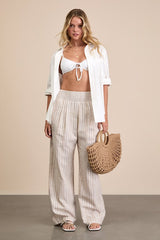 Breezy Getaway Beige and White Striped Linen Wide-Leg Pants