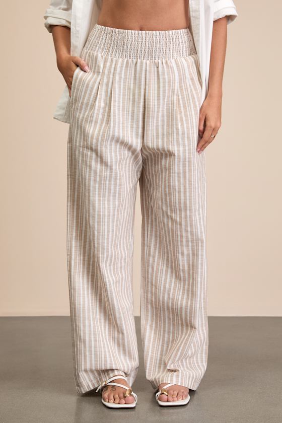 Breezy Getaway Beige and White Striped Linen Wide-Leg Pants