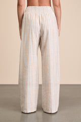 Breezy Getaway Beige and White Striped Linen Wide-Leg Pants