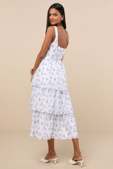 Sweet Potential Blue and White Floral Burnout Tiered Midi Dress