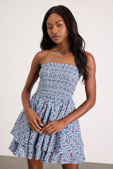 Carson Ivory and Blue Geometric Print Smocked Mini Dress