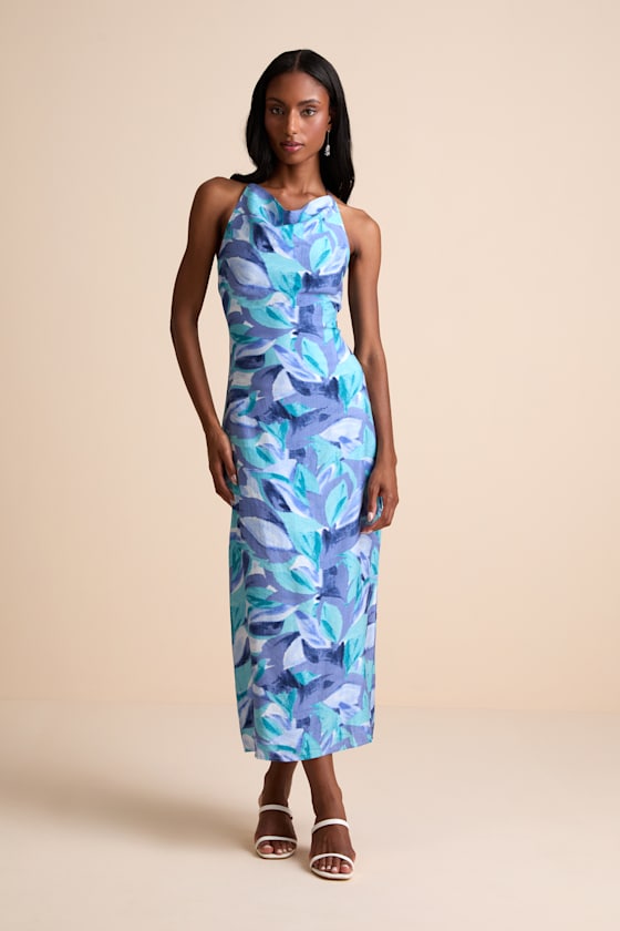 Valdria Blue Abstract Cowl Halter Midi Dress