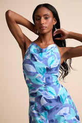 Valdria Blue Abstract Cowl Halter Midi Dress