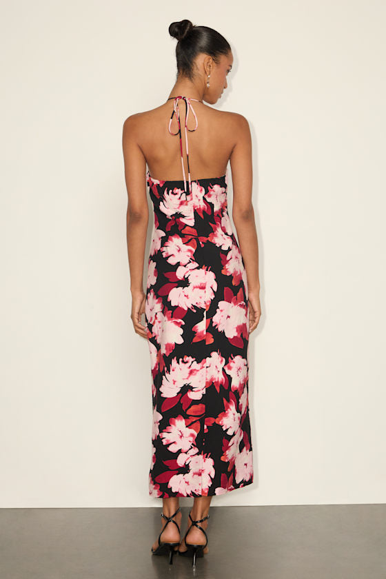 Valdria Black Floral Cowl Halter Midi Dress