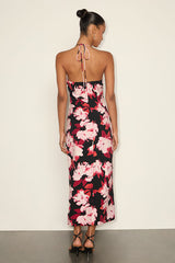 Valdria Black Floral Cowl Halter Midi Dress