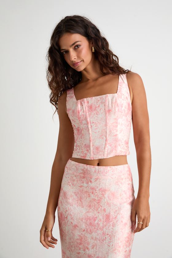 Lynelle Pink Floral Textured Sleeveless Bustier Top