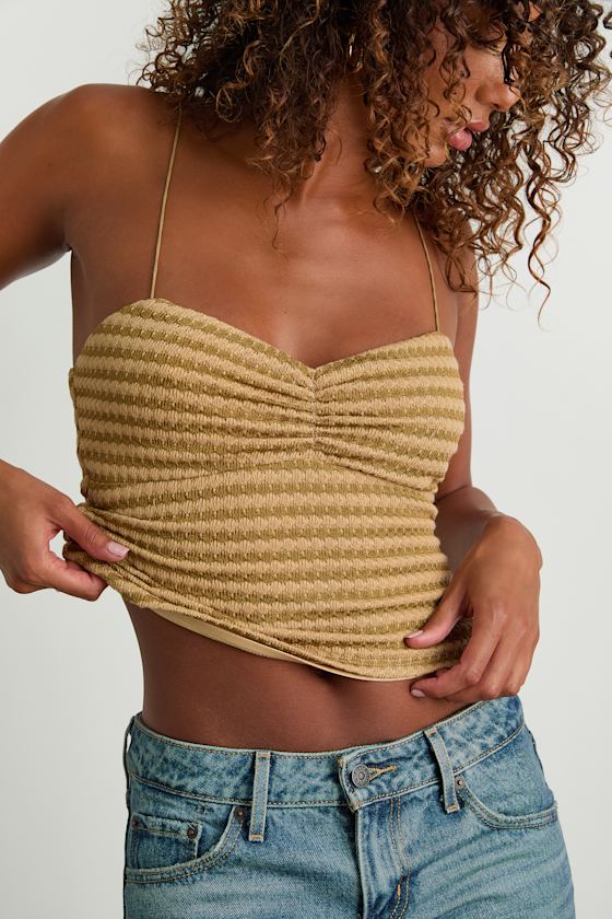 Jimena Light Brown Striped Knit Ruched Cami Top