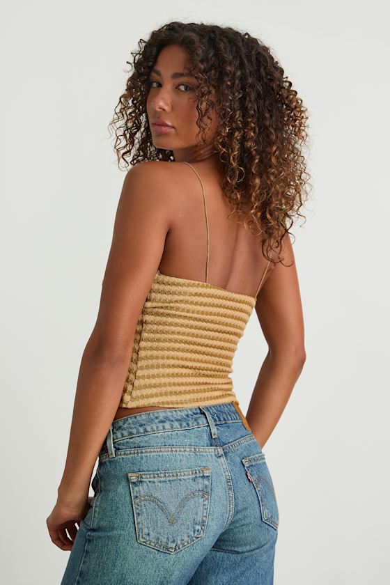 Jimena Light Brown Striped Knit Ruched Cami Top