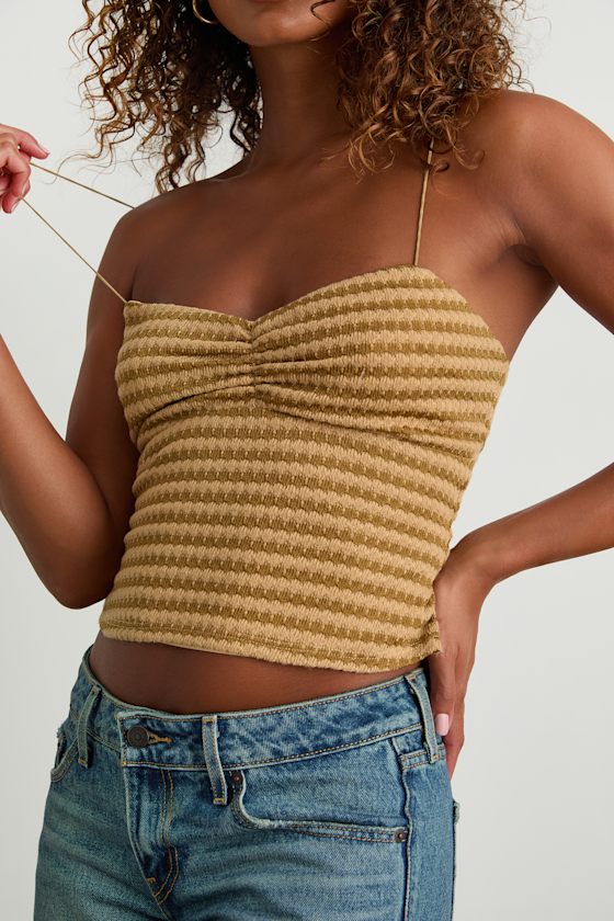 Jimena Light Brown Striped Knit Ruched Cami Top