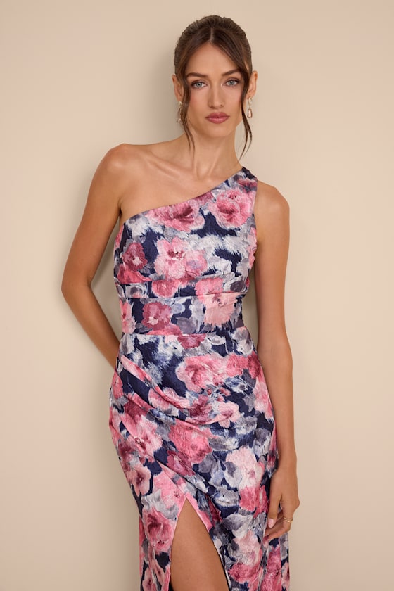 Jemmilah Navy Floral Textured One-Shoulder Midi Dress