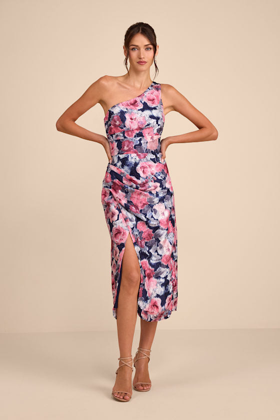 Jemmilah Navy Floral Textured One-Shoulder Midi Dress