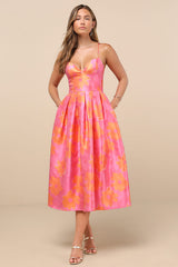 Vivinna Pink and Orange Floral Jacquard Pleated Midi Dress