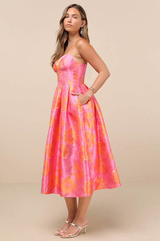 Vivinna Pink and Orange Floral Jacquard Pleated Midi Dress
