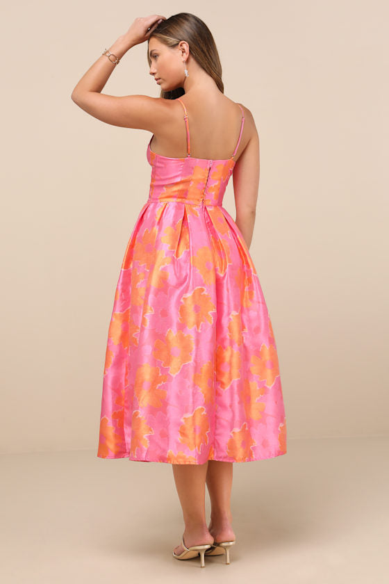 Vivinna Pink and Orange Floral Jacquard Pleated Midi Dress