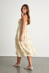 Nattie Pale Yellow Floral Tie-Front Tiered Midi Dress