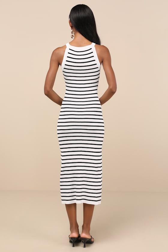 Tove White Striped Ribbed Knit Bodycon Midi Dress
