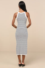 Tove White Striped Ribbed Knit Bodycon Midi Dress